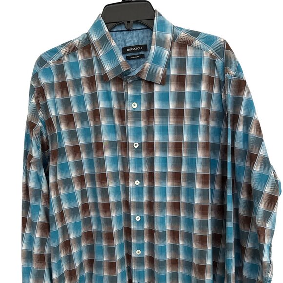 Bugatchi Brown and Blue Men's Button Down - Worn Once - EUC - Classic Fit - XXL - Picture 1 of 4